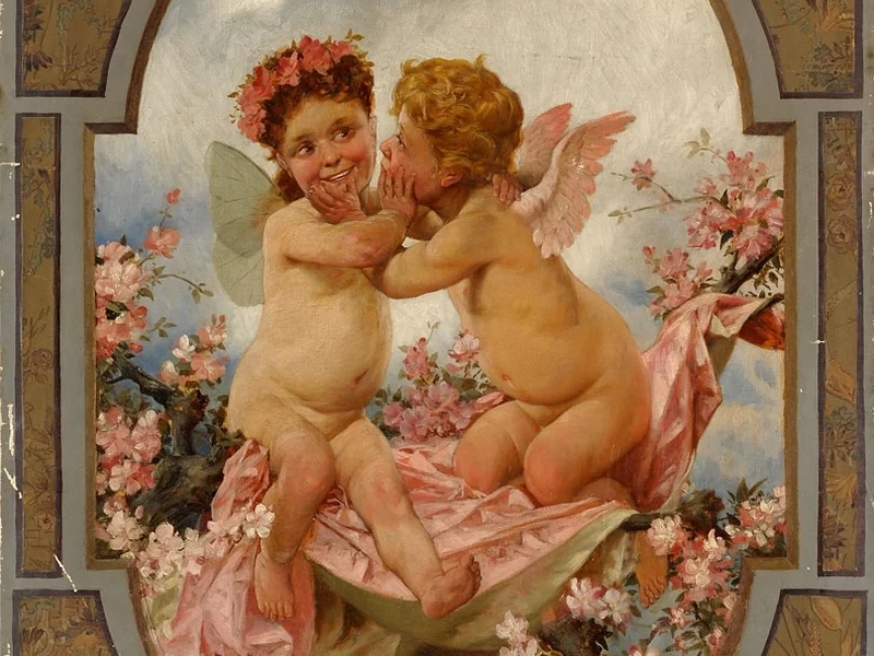 1855-Johannes Gehrts - Angelo ed elfo su un ramo fiorito